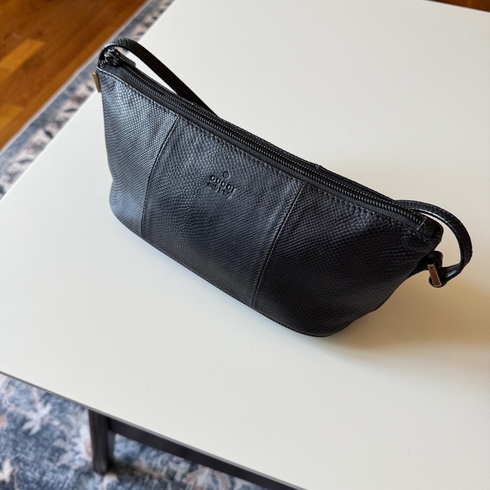 Authentic Gucci Black Lizard Embossed Leather Boat Pouchette